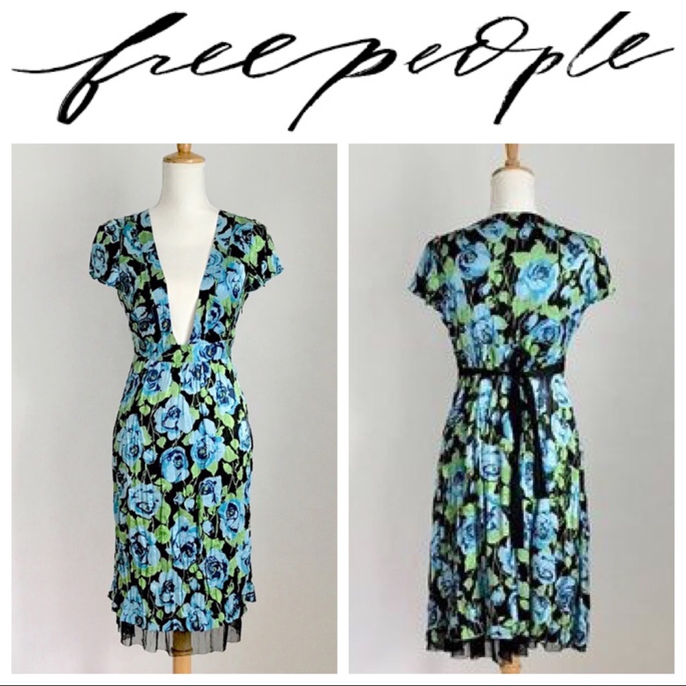 Free People deep V blue floral print silk dress